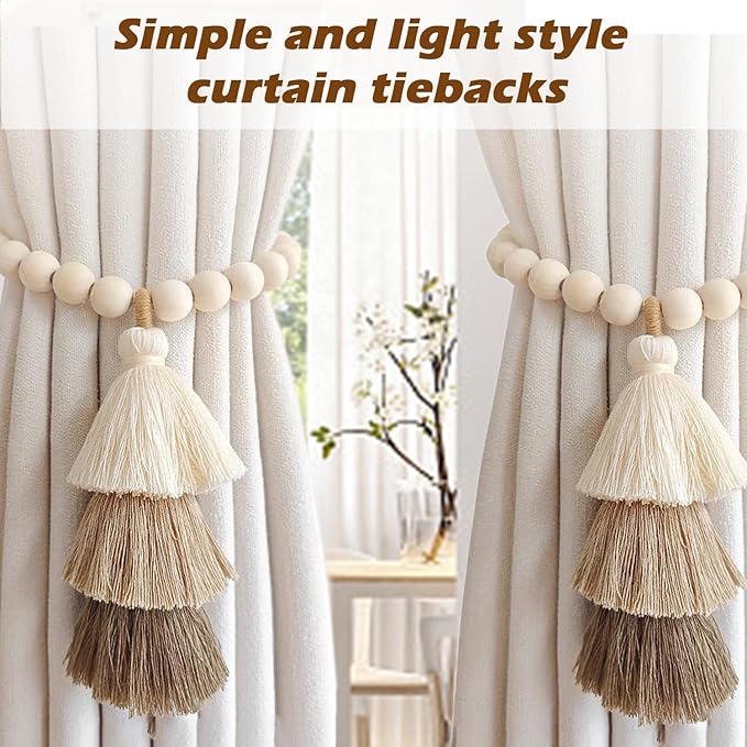 SRG Handmade Magnetic Wooden Bead Curtain Tiebacks 2 PCS | Simple Elegant Magnetic Tassel Curtain Tie Backs | Accessories Wall Decoration | Drapery Tiebacks for Bedroom Window Treatment