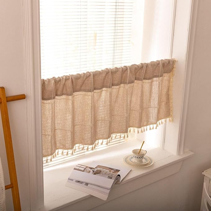 Deeprove Boho Curtain Valance 18 Inches Length Bohemian Lattice Gingham Textured Embroidery Plaids, Vintage Chic Tassels Antique Decor Drapes Rod Pocket, 1 Panel W52 x L18, Natural Linen