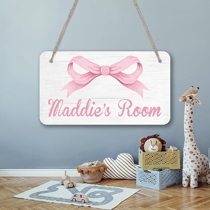 Personalized Pink Bow Kids Room Door Sign Custom Name Boys Girls Bedroom Decor Toddler Baby Nursery Wood Art Wall Plaque 12x6 Inches