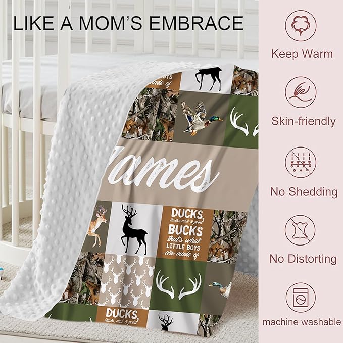 Personalized Crib Bedding Set for Boys Girls, Custom Baby Crib Sets with Name, Multi-grid Deer Design Nursery Bedding 2 Piece - Soft Blanket with Double Layer Dotted Backing, Crib Fitted Sheet