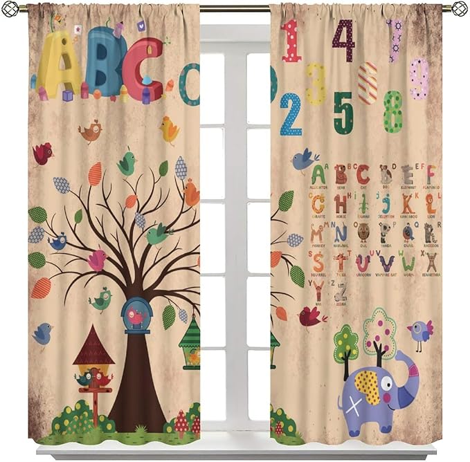 Animal Alphabet Numbers Tree Curtain Learning ABC Letters Birds Numbers Home Printed Rod Pocket Window Treatments for Bedroom Living Room Playroom Nursery Decor 42" W X 45" L