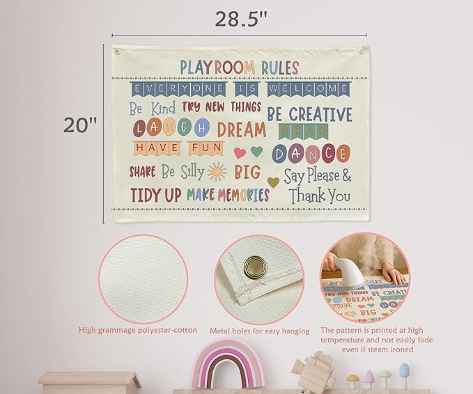 Playroom Kids Toddler Room Wall Decor, Play Room Rules Wall Decor for Kids Play Game Room Bedroom Nursery Home School Playroom Essentials,Canvas Rectangular Banner Poster 28.5x20 Inch