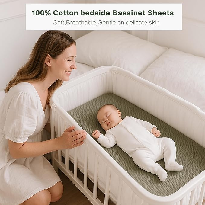 Muslin Bedside Sleeper Bassinet Fitted Sheets, 3 Pack Cotton Baby Sheet for Boys & Girls, Soft, Compatible with Baby Delight, Dream On Me, AMKE and Other Rectangle Mattress (Pistachio)