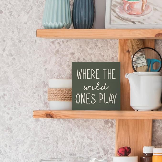 Where The Wild Ones Play Green Wood Box Sign Desk Decor 5X5, Nursery Kids Room Wooden Block Sign Decorations for Playroom Toddler Boys Girls Room Wall Tabletop Shelf Decor