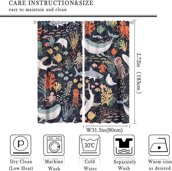 Sea Animals Curtain Cartoon Fish，Undersea Cute Whales Dolphin Underwater Wild Life Blue Ocean Boys Girls Waterproof Polyester Fabric Bedroom Decoration Set 2 Panels,63x72 Inches