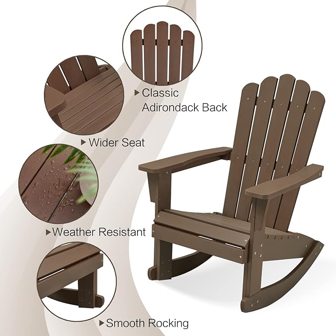 Psilvam Outdoor Adirondack Patio Rocking Chair, Poly Lumber Porch Rocker with High Back, Outdoor Rocking Chairs Set of 2 (Brown)
