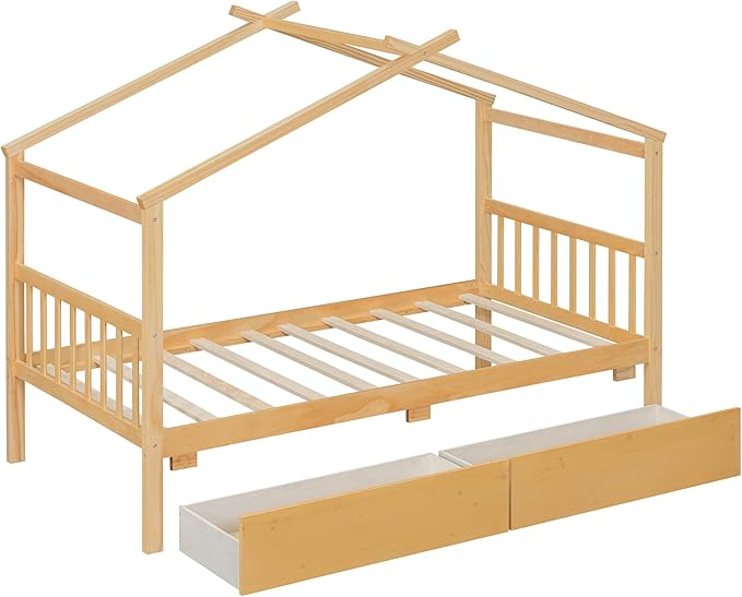 Merax Twin Size Wooden House Bed with Two Drawers, Wood Bed Frame with Roof for Kids, Teens, Boys or Girls, Natural