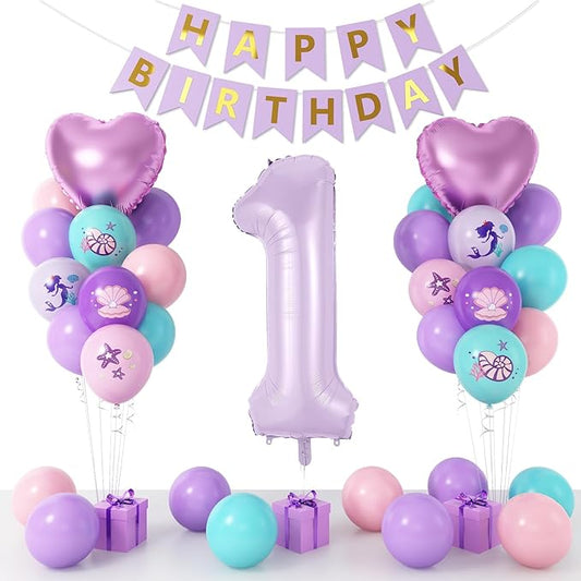 1st Mermaid Birthday Decorations for Girls, Purple Pink Teal Balloon with Mermaid Print Balloons Heart Foil Balloons Birthday Banner for 1 Year Old Under the Sea Theme Birthday Princess Party Supplies