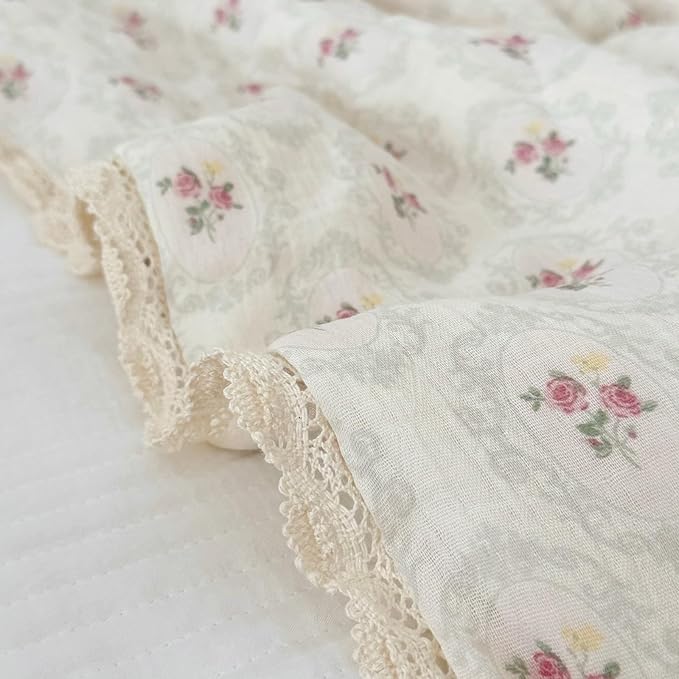 BuLuTu Vintage Princess Style Pink Floral Girls Kids Quilt, Muslin Children Bed Blanket Soft Lightweight Toddler Girls Comforter with Lace Edges, 60"x78",Begonia Print, Machine Wash