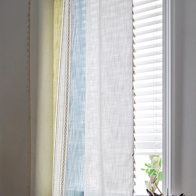 Deeprove Boho Linen Curtains 72 inch for Bedroom Living Room, Semi Blackout Country Rustic Tassels Window Treatment Bohemian Embroidery Drape Rod Pocket 1 Panel 52" W x 72" L, Blue and Sage Green