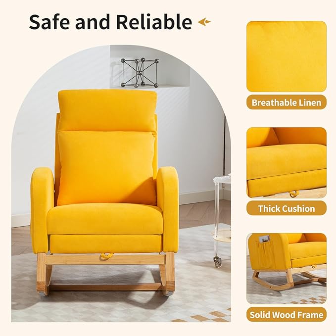 Rocking Chair Nursery Glider Chair with Foot Rest, Nursery Rocking Chairs with Rubber Wood Legs Side Pocket, High Back Nursing Chair, Accent Rocker Arm Chair Baby Bedroom, Living Room, Yellow