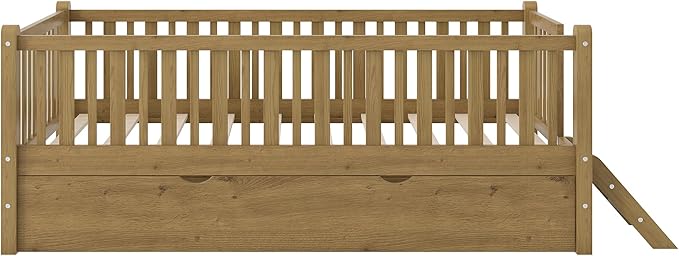 LUMISOL Twin Size Low Platform Bed Frame with Trundle, Wood Floor Bed with Ladder & Fence Guardrail for Kids Teens Girls Boys, No Box Spring Needed, Walnut