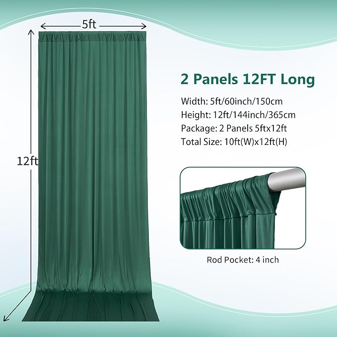 10×12ft Wrinkle Free Hunter Green Backdrop Curtain for Wedding Parties, 2 Panels 5×12ft Long Soft Silky Polyester Backdrop Drapes Photo Back Drop Curtains for Jungle Party Photography Background Cloth