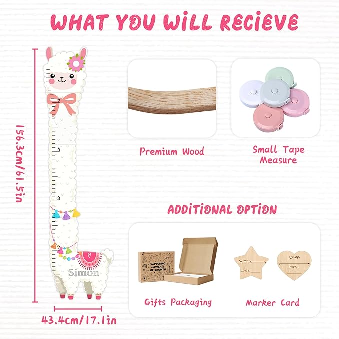 Personalized Child Growth Charts, Alpaca Wooden Kids Height Wall Chart, Height Measurement for Wall Kids Room Nursery Decor