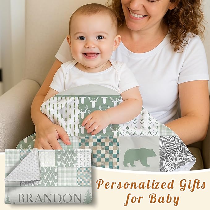 Personalized Rustic Woodland Baby Blanket - Custom Name Bear & Deer Design, Soft Blanket with Double Layer Dotted Backing for Infants Toddlers, Ideal Nursery Decor (47" x60)