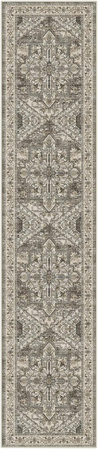 WITSHOCK Extra Long Runner Rug for Hallway 3x14: Washable Vintage Boho Soft Non-Slip Low Pile Stain Resistant Foldable Carpet for Bedroom Entryway, Distressed Farmhouse Floral Home Decor, Brown/Lvory