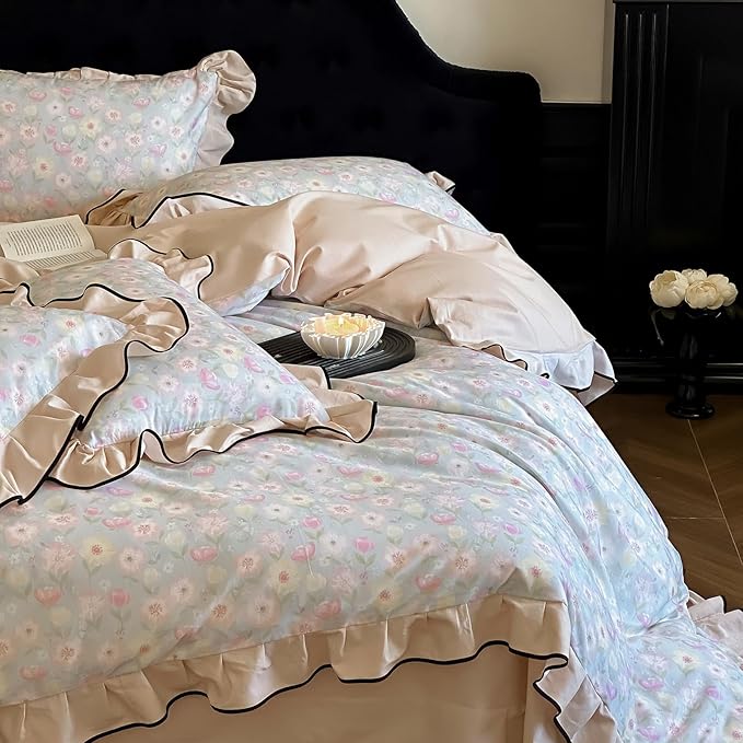 HighBuy Cottagecore Floral Ruffle Duvet Cover Queen for Teen Girls,Coquette Bedding Ruffle Duvet Cover Set Shabby Chic Brushed Cotton Bedding Set Breathable Durable Luxury with Zipper