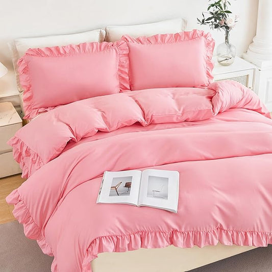 Full Size Ruffled Duvet Cover Set Pink Bedding Cover Sets for Girls 3 Pieces Vintage Country Kids Duvet Cover Sets with Ruffle Layers Decor(Pink, Full)
