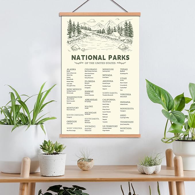 KAIRNE US National Park Checklist Poster,Park Posters for Travel Sign With Wooden Hanging Framed(28CMx46CM),Inspirational Rustic Decor,National Park Map Posters Gift for Hiker or National Park Lover