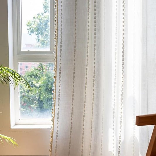 Deeprove White Boho Curtains 102 inch Extra Long for Bohemian Farmhouse House Decoration, Sheer Window Treatment, Privacy Embroidery Drape for Bedroom Living Room Doorway, 1 Panel W52 x L102