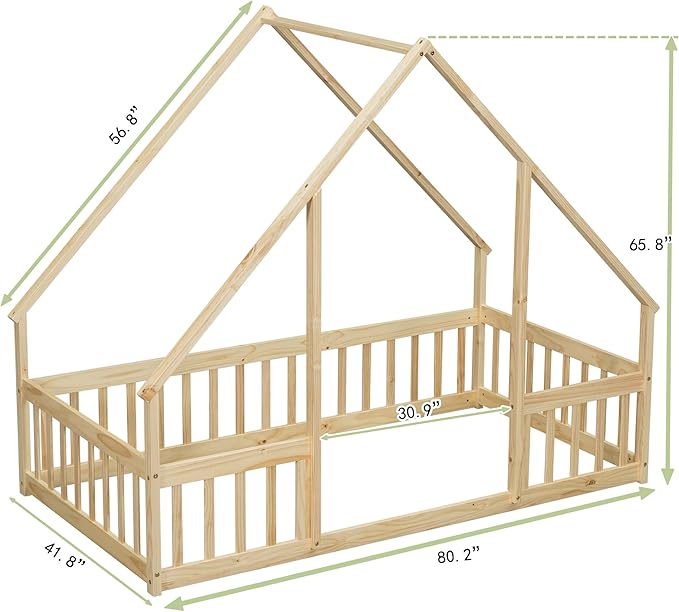 Casaphoria Twin Size House-Shaped Montessori Bedframe, Solid Pine Wood Kids Bed Frame, Toddler Floor Bed with Door & Fence for 1-3 Years Old Kids, Natural
