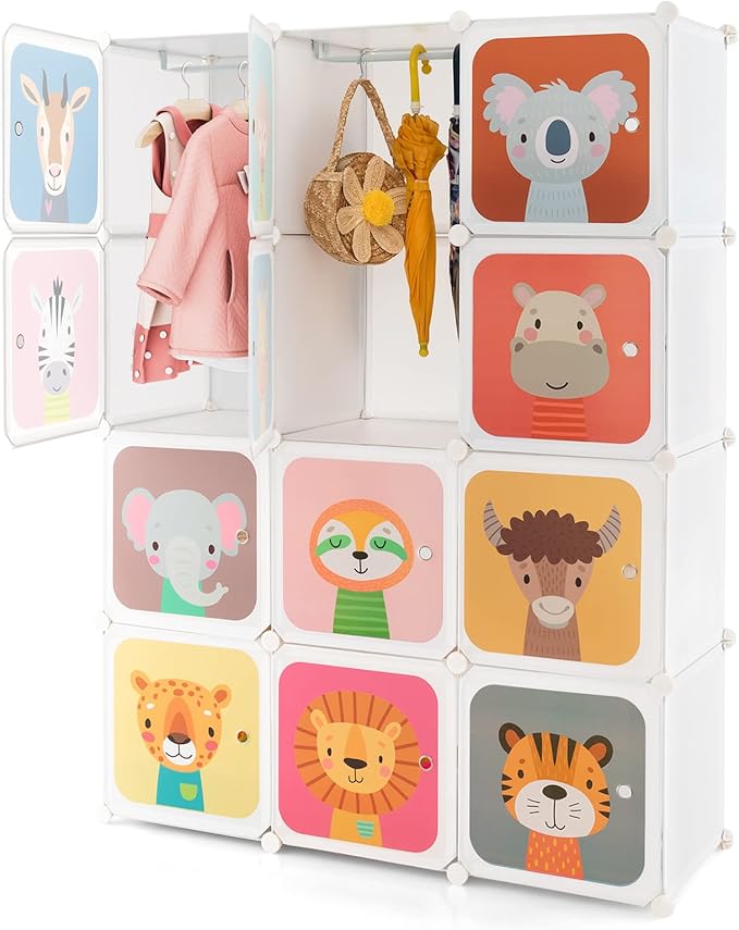 HONEY JOY Kids Wardrobe Closet, Baby Cartoon Clothes Storage Organizer, 12 Cubes & 2 Hanging Sections, Portable Children DIY Modular Bedroom Armoire Dresser Cabinet for Boys Girls (White)