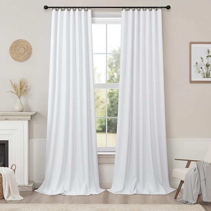 White Linen Textured Blackout Curtains 94 Inches Long 2 Panels Burg Coastal Bohemian Floor Length Curtains for Patio Door Dorm Back Tab Pleated Curtain for Living Room Divider Bedroom Window Treatment
