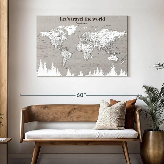 ElephantStock - Let's Travel II Push Pin World Map Wall Art - Horizontal Canvas Wall Art - Living Room Wall Decor - Digital Art Map Canvas Art - Gray And White Decor - 45" x 30"
