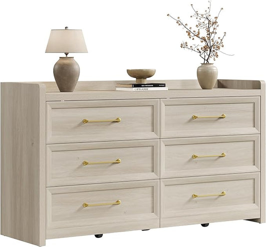 SICOTAS 6 Drawer Dresser for Bedroom-56.4" Extra-Wide Wooden Chest of Drawers with Large Storage, Long Dresser TV Stand with Drawers, Farmhouse Closet Dressers for Nursery Living Room, Grey White Oak