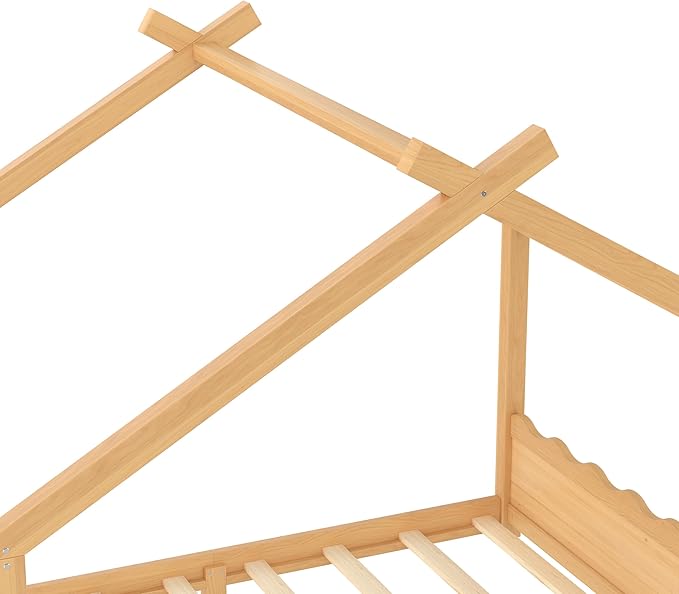 Queen Size Wooden House Floor Bed - Kids Bed Frame with Roof & Support Slats for Bedroom, No Box Spring Needed, Easy Assembly (Natural)