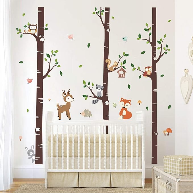 decalmile Large Birch Tree and Forest Animal Wall Decals Owl Squirrel Deer Wall Stickers Baby Nursery Kids Bedroom Living Room Wall Decor (H: 69 Inches)
