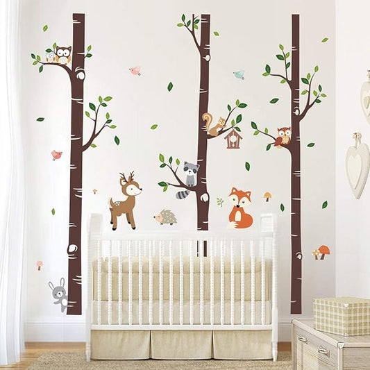 decalmile Large Birch Tree and Forest Animal Wall Decals Owl Squirrel Deer Wall Stickers Baby Nursery Kids Bedroom Living Room Wall Decor (H: 69 Inches)