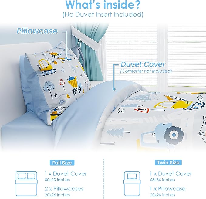 SANDJEST Construction Duvet Cover Sets Full Size for Kids Boys, Incude 1 Polyester Comforter Cover 80x90 Inches and 2 Pillowcases 20x26 Inches, Comforter Not Included, Gift for Christmas Birthday