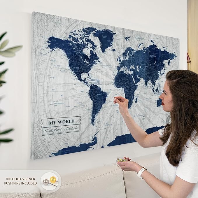 ElephantStock - My World Push Pin Map V Wall Art - Horizontal Canvas Wall Art - Living Room Wall Decor - Unique Map Canvas Art - Gray And Blue Decor - 48" x 32"