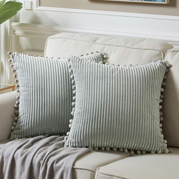 Fancy Homi 24x24 Pillow Covers, Pack of 2 Grey Throw Pillow Covers with Pom-poms, Super Soft Corduroy Square Solid Cushion Cover for Couch Sofa Bedroom Living Room 60x60 cm