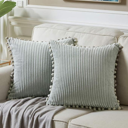 Fancy Homi Pack of 2 Farmhouse Decorative Throw Pillow Covers with Pom-poms, Soft Corduroy Accent Solid Square Cushion Case Set for Couch Sofa Bedroom Car Living Room (18x18 Inch/45x45 cm, Grey)