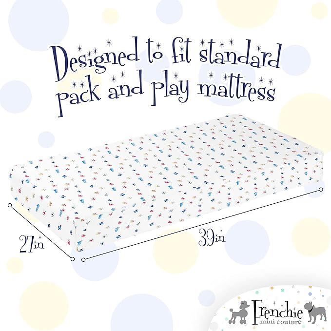 Frenchie Mini Couture, Boys Pack N Play Sheets, 100% Cotton, Cars, Boats, Planes, 27 x 39in, 2-Pack