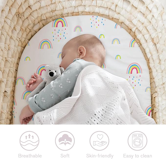 Little Grape Land Bassinet Sheets for Baby Boys Girls 4 Pack, 33" x 18" Extra Soft Breathable Fitted Bassinet Sheets, Bedside Sheets Fit for Oval Rectangle and Hourglass Bassinet Mattress (Rainbow)
