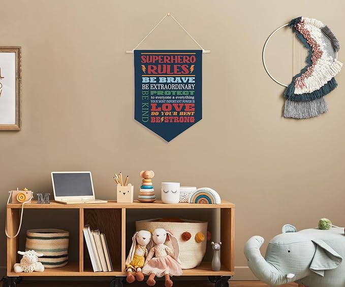 QODUNG Inspirational Quote Superhero Rules Avengers Room Decor,Cool Wall Decor for Boys,Bedroom,Playroom,Toddler and Kids Room,Wall Hanging Pennant Flag Canvas Banner