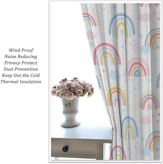 Kids Rainbow Curtains Boho Cartoon Colorful Stars Love Heart Lovely Abstract Art Pattern Print Window Drapes for Girl Bedroom Living Room Kitchen Decor,2 Panel Set,72Wx63H Inch Blackout