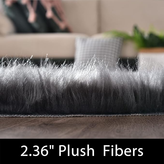 Latepis Dark Gray Faux Fur Rug 3x4 Area Sheepskin Rug for Bedroom Bedside Living Room Rugs for Sofa Cushion Playing Luxury Home Decor