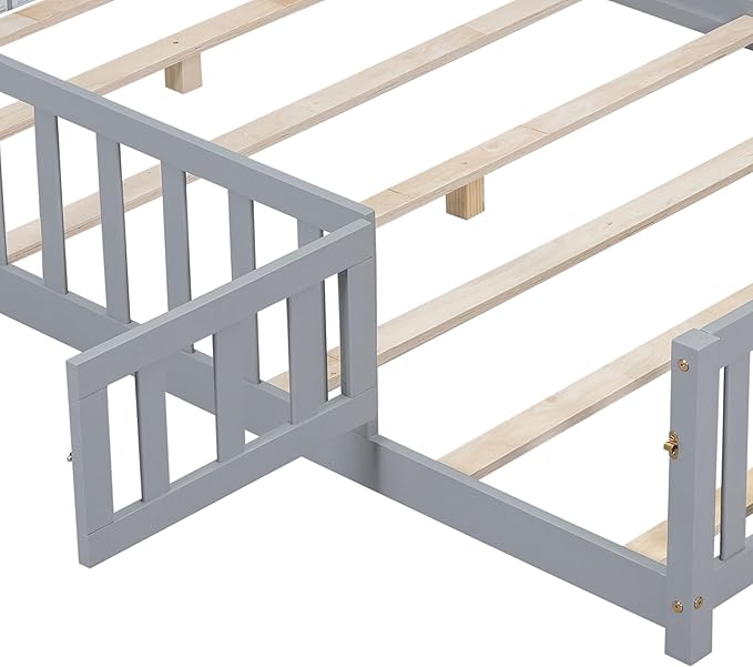 Full Size Floor Platform Bed with Fence and Lockable Door, Wood Montessori Bed Frame with Slat Support for Kids,Girls,Boys, Easy to Assemble,Grey