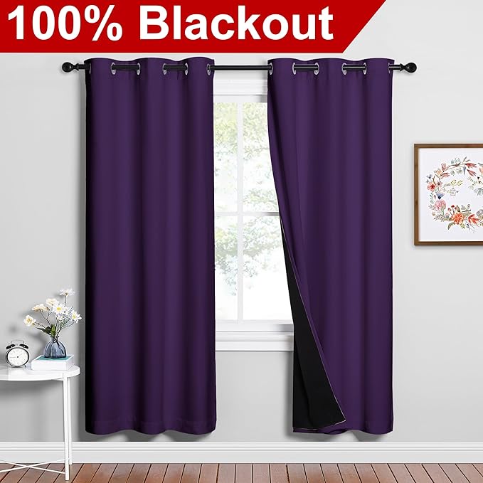 NICETOWN Full Shade Curtain Panels, Royal Purple, 42 x 72 inch, Pair of Energy Smart & Noise Blocking Out Blackout Drapes for Dining Room Window, Thermal Insulated Guest Room Lined Window Dressing