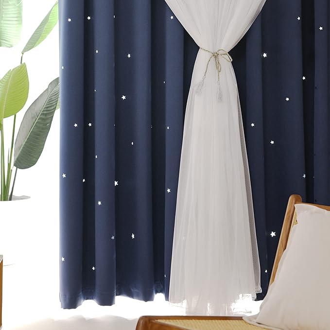 Kinryb Kids Blackout Curtains for Bedroom/Living Room/Classroom, Sheer Overlay 2 Free Tiebacks, Double Layer Curtains with Star Cutout for Kids Room(Each Piece W70xL95 Inches 2 Pcs Stone Blue)