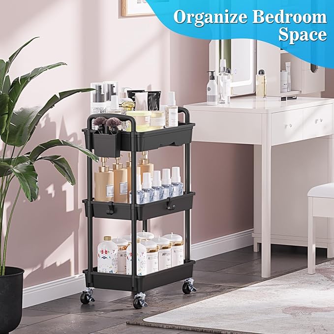 3 Tier Rolling Cart with Drawer, Bathroom Storage Organizer with 2 Lockable Wheels, Multifunctional Rolling Storage Cart for Bathroom, Kitchen, Office, Craft, Makeup, Baby Essentials, Black