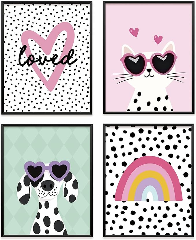 VONTP Pastel Rainbow Classroom Dog Cat Wall Art Decor, Dalmatian Cat Classroom Prints Poster Wall Decorations for Kids Girl Nursery Toddler Room Bedroom Playroom, 8x10 Inch Set of 4 (Unframed)