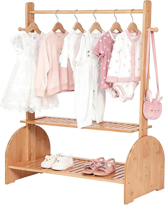Kids Clothing Rack With Adjustable Rods, Children Clothes Garment Rack for Baby Pet, Dress Up Rack With 2 Bottom Shelves, Wardrobe Closet for Toddlers Nursery