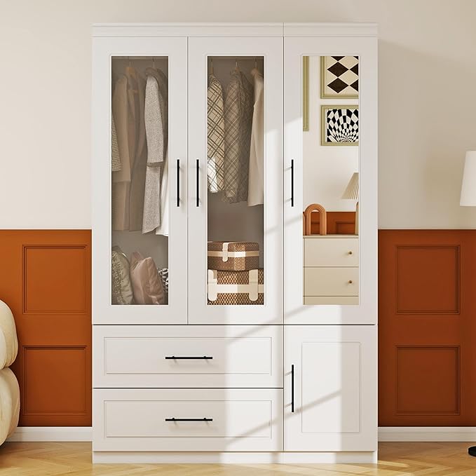 Armoire Wardrobe Closet with Mirror, 3 Door White Wood Wardrobe Closet Wooden Bedroom Armoire 2 Drawer with Hanging Rods for Home/Bedroom/Living Room White-50+51
