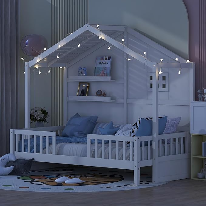 Merax Twin Size House Bed with Shelves, House Bed with Window and Sparkling Light Strip on The Roof, White