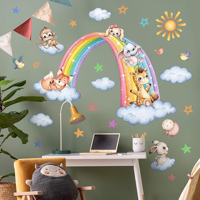 Colorful Rainbow Animals Wall Stickers Vinyl Cute Animal Cloud Wall Decals DIY Removable Decor for Kids Room Nursery Home Classroom Walls (35.43inch x 11.81inch)